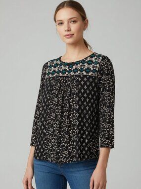 Lucky Brand Women's Small Boho Peasant Blouse Embroidered Black White Teal Top